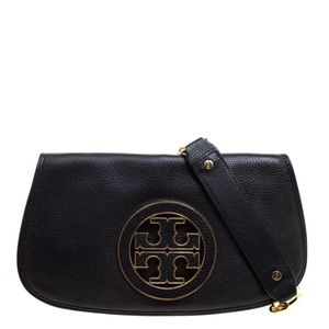 Tory Burch Reva Logo Black Crossbody Bag Gold Chain Leather Purse Handbag Clutch